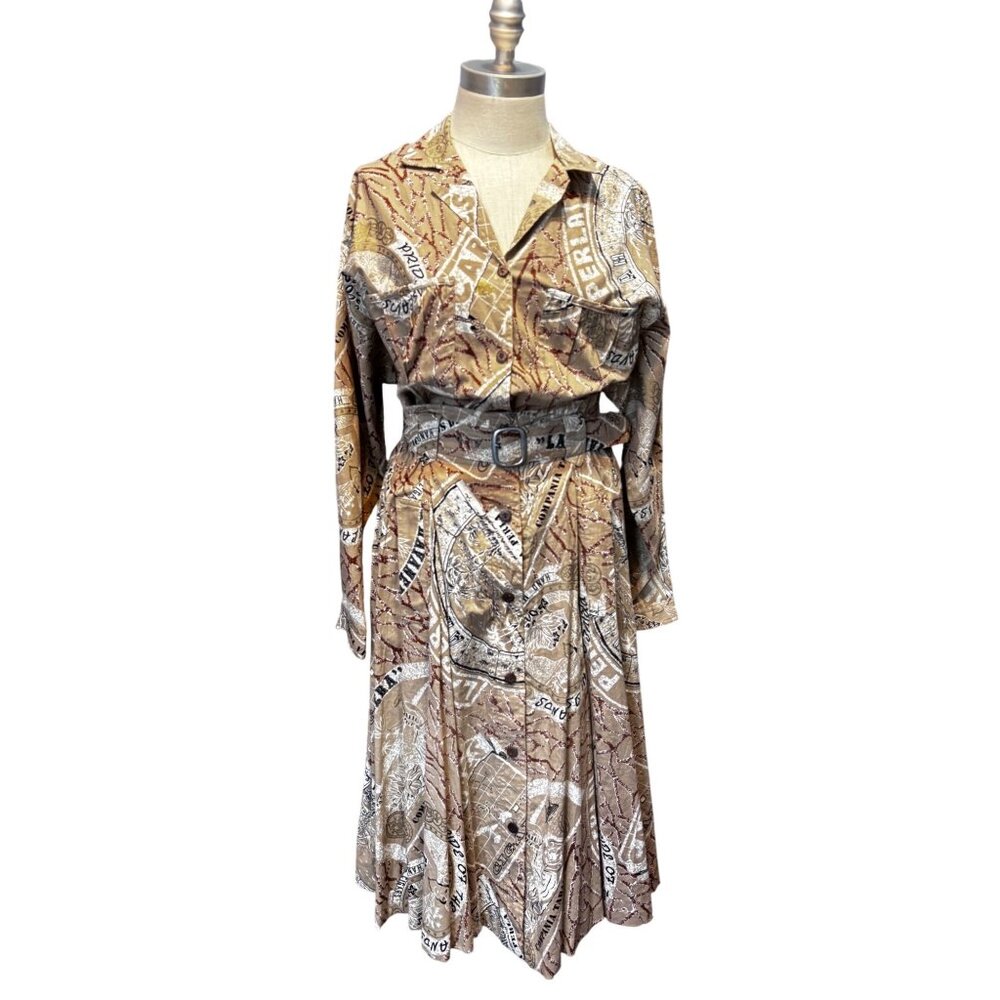 Vintage 90s Chaus Sport Paris Print‎ 2pc Skirt Set Top M Skirt 8 Belted Buttons